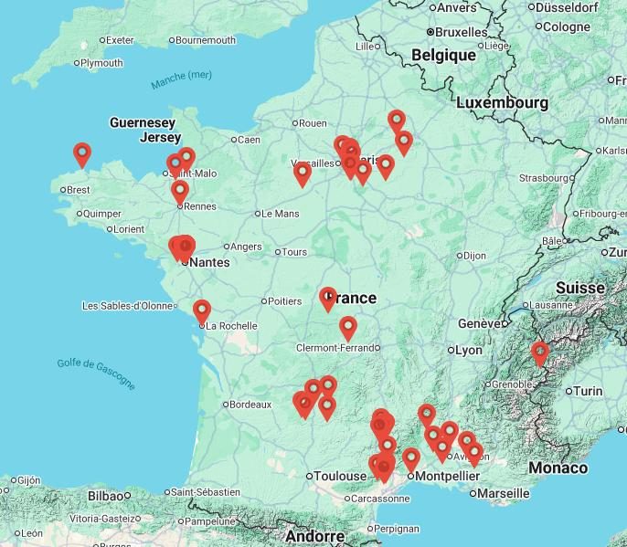 Carte de France des relevés 3D réalisés par Visuoz entre 2023 et 2026